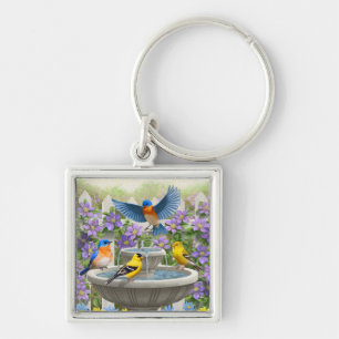 Colourful Birds and Bird Bath Flower Garden Key Ring