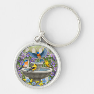 Colourful Birds and Bird Bath Flower Garden Key Ring
