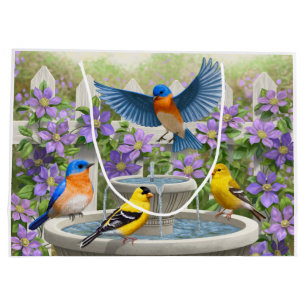 Colourful Birds and Bird Bath Flower Garden Large Gift Bag