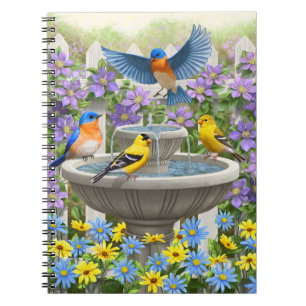Colourful Birds and Bird Bath Flower Garden Notebook