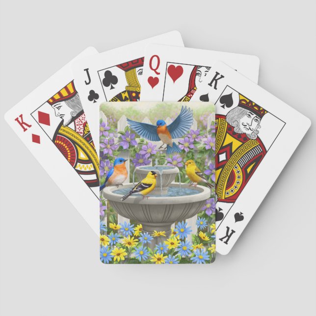 Colourful Birds and Bird Bath Flower Garden Playing Cards (Back)