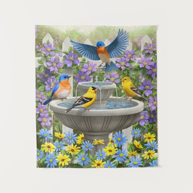 Colourful Birds and Bird Bath Flower Garden Tapestry (Front)