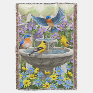 Colourful Birds and Bird Bath Flower Garden Throw Blanket