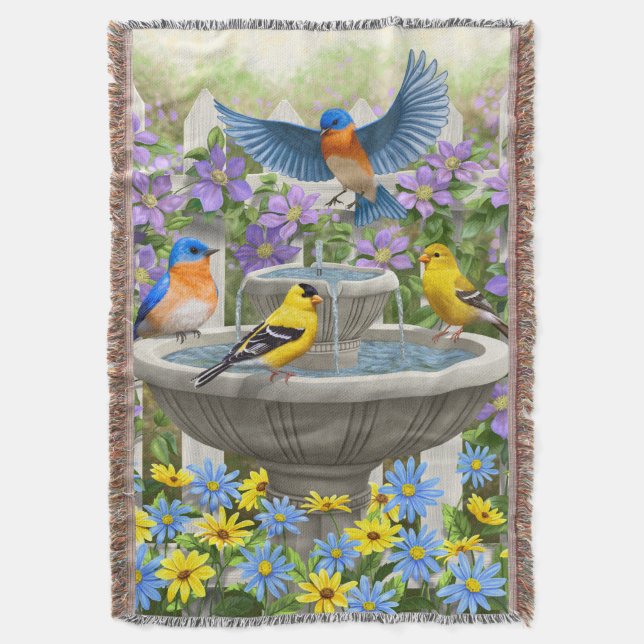 Colourful Birds and Bird Bath Flower Garden Throw Blanket (Front Vertical)