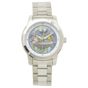 Colourful Birds and Bird Bath Flower Garden Watch