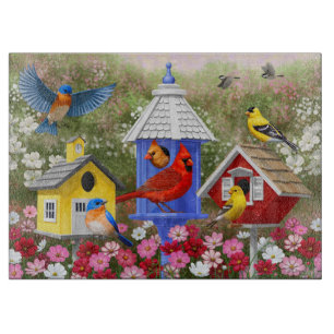 Colourful Birds and Birdhouses Cutting Board