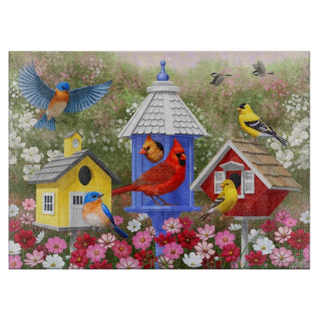 Colourful Birds and Birdhouses Cutting Board (Front)