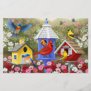 Colourful Birds and Birdhouses Flower Garden