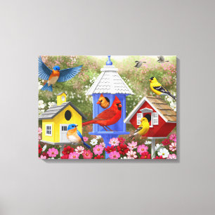 Colourful Birds and Birdhouses Flower Garden Canvas Print