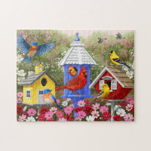 Colourful Birds and Birdhouses Flower Garden Jigsaw Puzzle