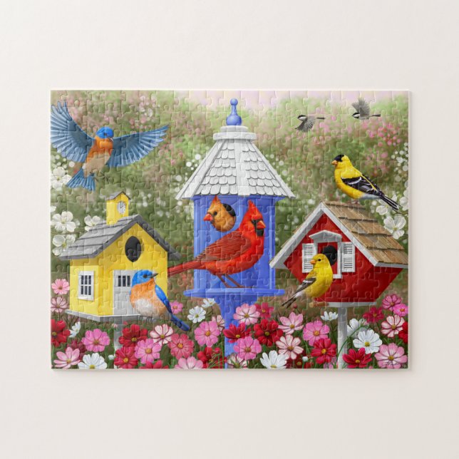 Colourful Birds and Birdhouses Flower Garden Jigsaw Puzzle (Horizontal)