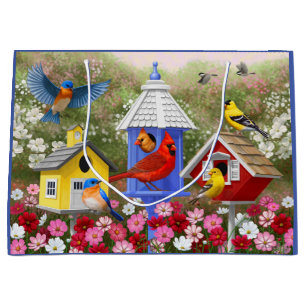 Colourful Birds and Birdhouses Flower Garden Large Gift Bag