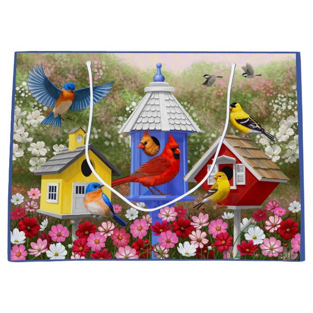 Colourful Birds and Birdhouses Flower Garden Large Gift Bag (Front)