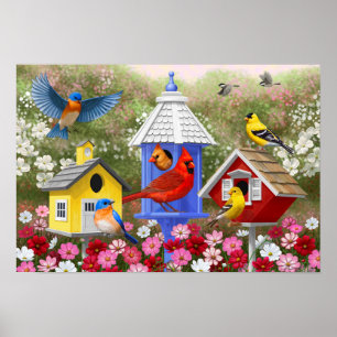 Colourful Birds and Birdhouses Flower Garden Poster