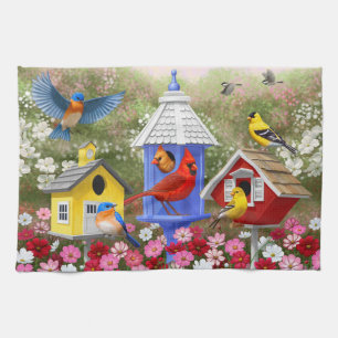 Colourful Birds and Birdhouses Flower Garden Tea Towel