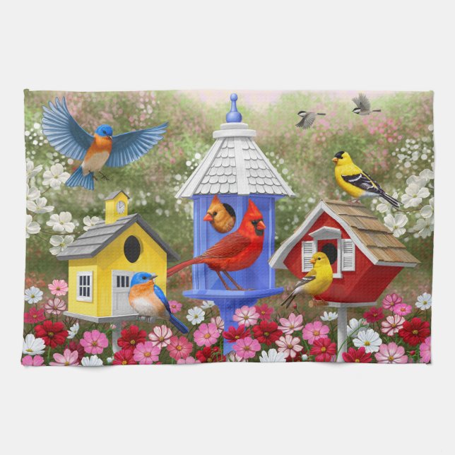 Colourful Birds and Birdhouses Flower Garden Tea Towel (Horizontal)