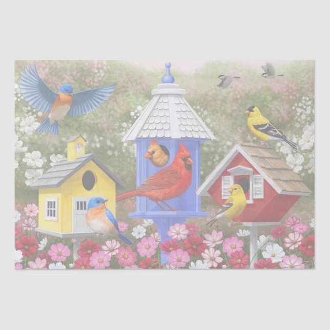 Colourful Birds and Birdhouses Flower Garden Tissue Paper (Front)