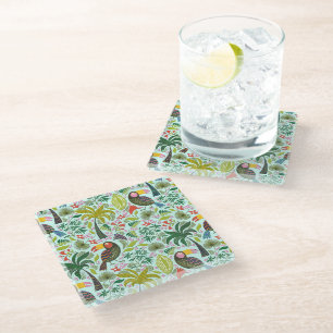 Colourful Birds And Flowers Glass Coaster
