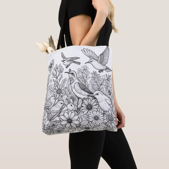 Colourful Birds and Flowers on a Colouring  Tote Bag (Close Up)