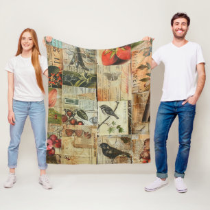 Colourful Birds Antique Newspaper Nature Collage Fleece Blanket