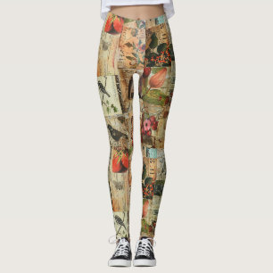 Colourful Birds Antique Newspaper Nature Collage Leggings