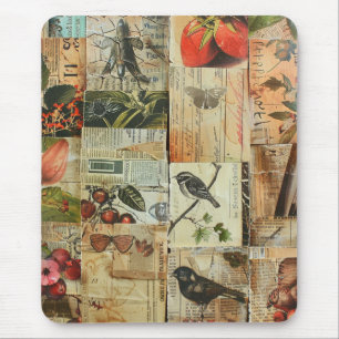 Colourful Birds Antique Newspaper Nature Collage Mouse Pad