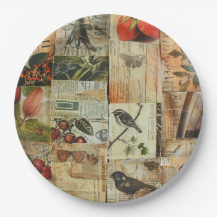 Colourful Birds Antique Newspaper Nature Collage Paper Plate