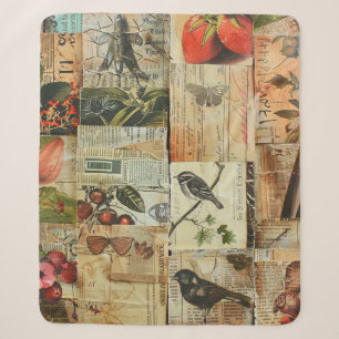 Colourful Birds Antique Newspaper Nature Collage Sherpa Blanket