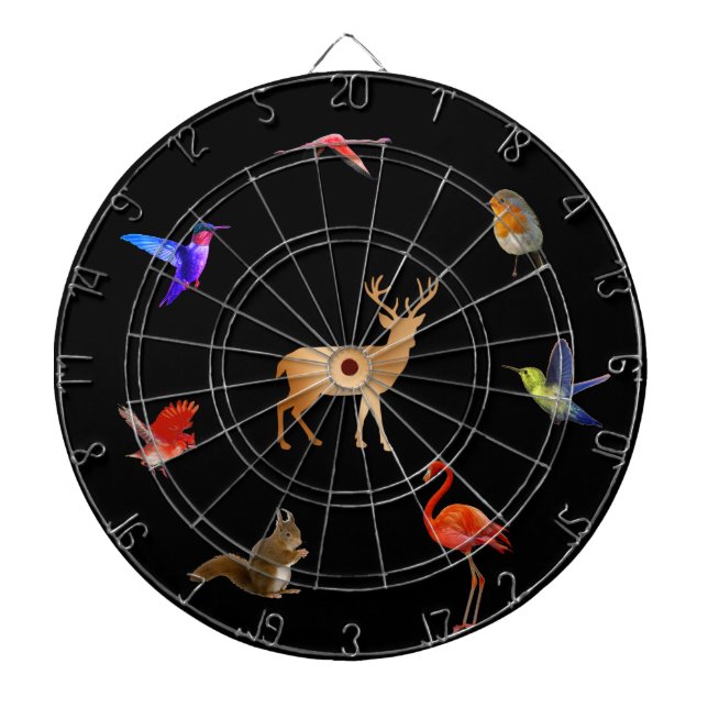 Colourful Birds, Deer & Squirrel on Black Dartboard (Front)