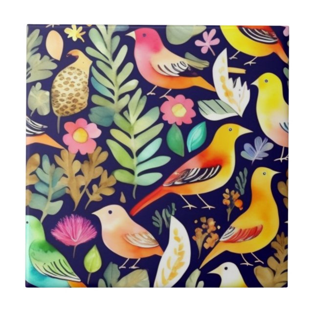 Colourful birds floral pattern blue decor ceramic tile (Front)