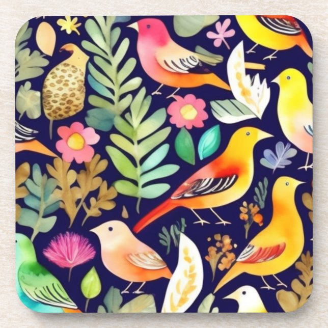 Colourful birds floral pattern blue decor coaster (Front)
