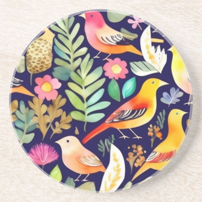 Colourful birds floral pattern blue decor coaster (Front)