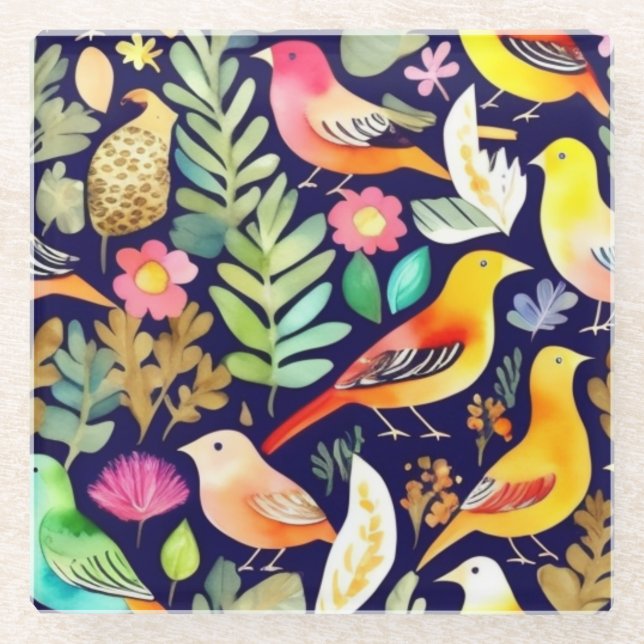 Colourful birds floral pattern blue decor glass coaster (Front)
