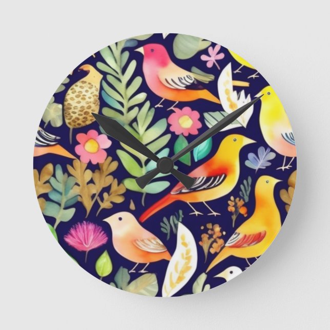 Colourful birds floral pattern blue decor round clock (Front)