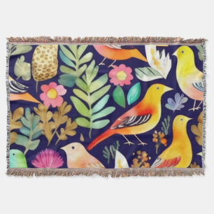 Colourful birds floral pattern blue decor throw blanket