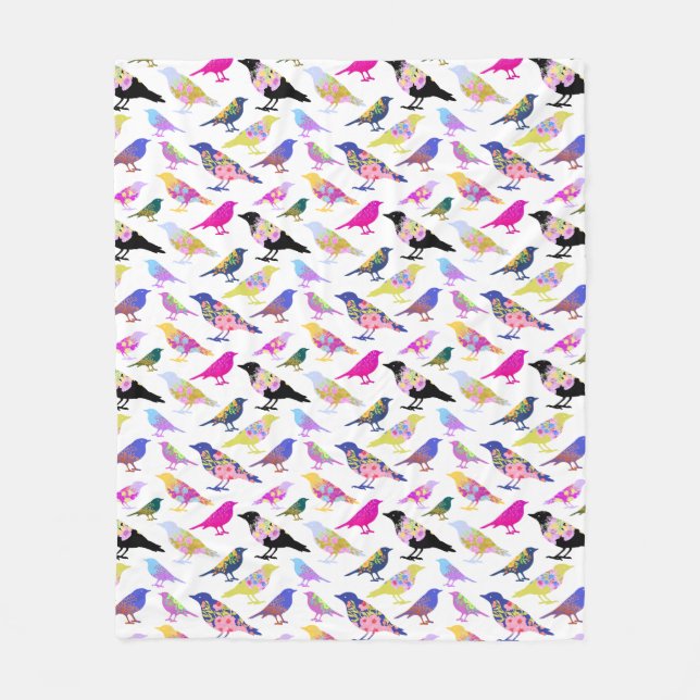Colourful Birds Flowers Bouquet Chic Floral Patter Fleece Blanket (Front)