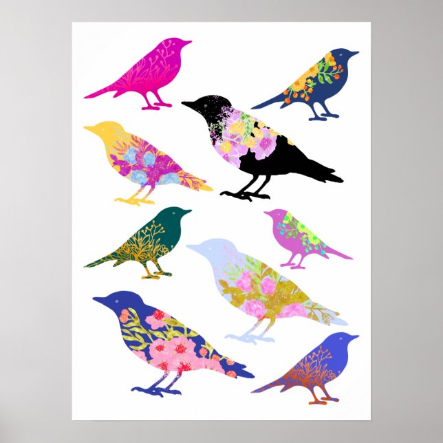 Colourful Birds Flowers Leaves Chic Floral Animal Poster (Front)