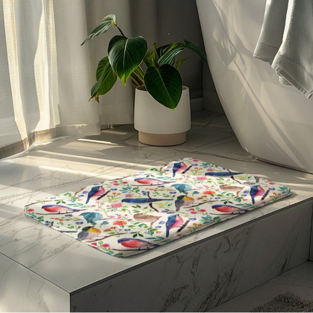 Colourful Birds Flowers Pattern Bath Mat (Creator Uploaded)