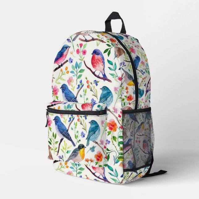 Colourful Birds Flowers Pattern Printed Backpack (Back Corner Right)