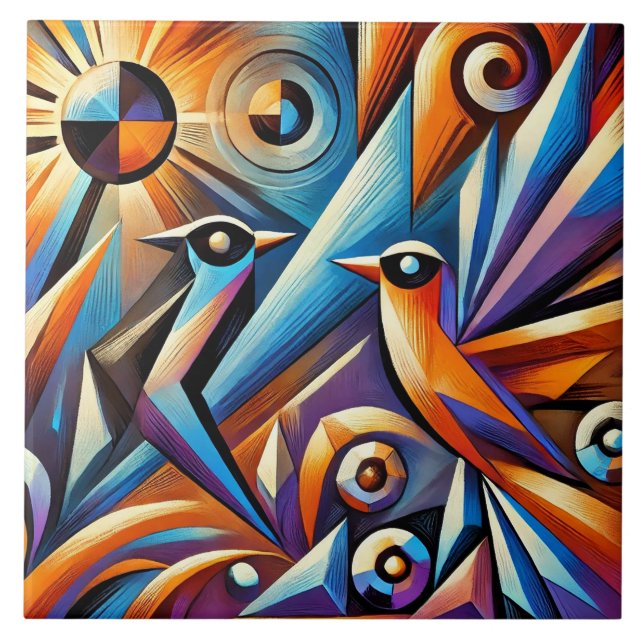 Colourful Birds in a Vibrant Geometric Style Ceramic Tile (Front)