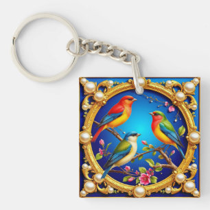 🕊️ Colourful Birds in Golden Frame For Gift 🕊 Key Ring