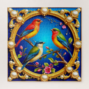 Colourful Birds in Ornate Golden Frame Jigsaw Puzzle