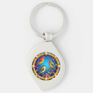 Colourful Birds in Ornate Golden Frame Key Ring