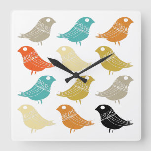 Colourful Birds Mid Century Modern Kitchen Square Wall Clock