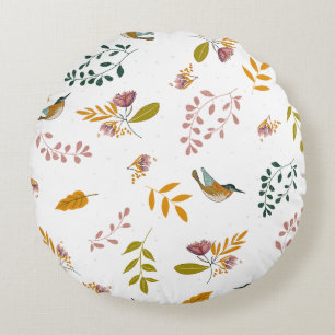 Colourful birds on a floral background round cushion