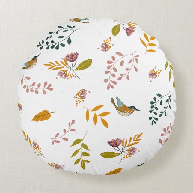 Colourful birds on a floral background round cushion (Front)