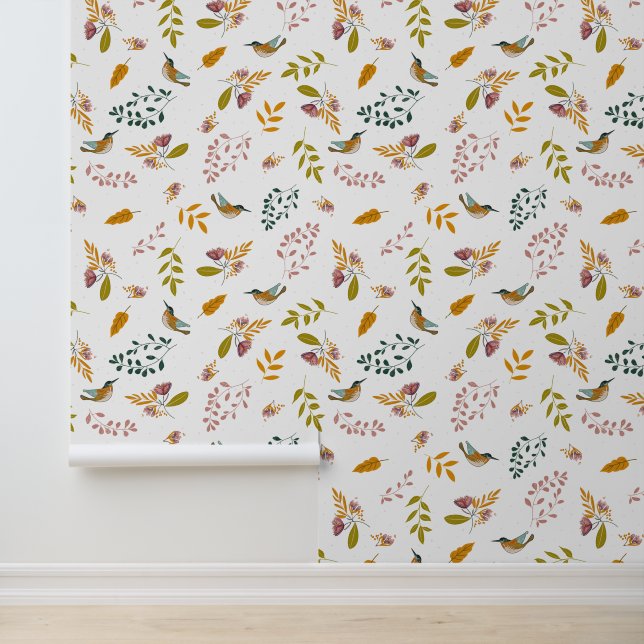 Colourful birds on a floral background wallpaper (Application)