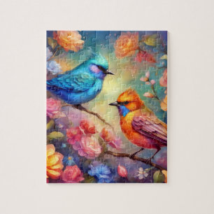 Colourful Birds on Branch Pink Rose Blue Bird 99 Jigsaw Puzzle