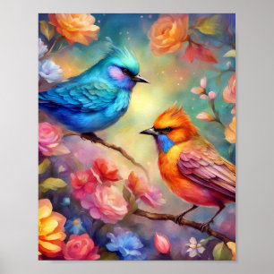 Colourful Birds on Branch Pink Rose Blue Bird 99 Poster