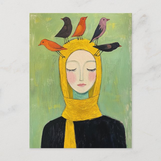 Colourful Birds on Her Head Postcard (Front)